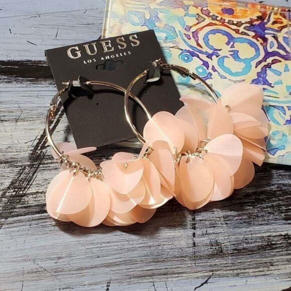 New Guess silver hoop pink flutter earrings